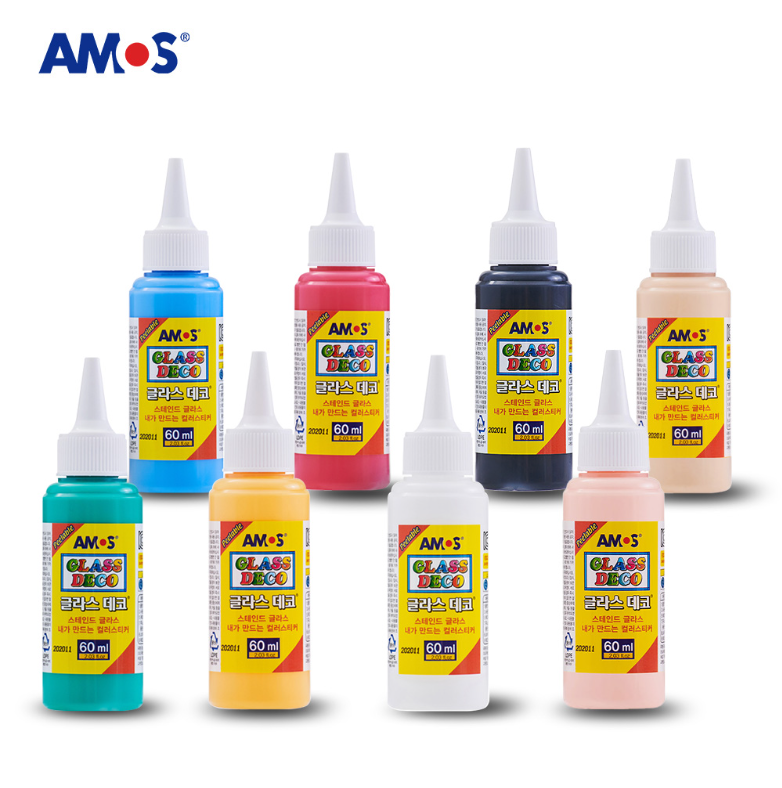 아모스 글라스데코 60ml 컬러물감 8종 세트(검정 흰색 금색 노랑 빨강 초록 파랑 연주황(살색)) 22,900원