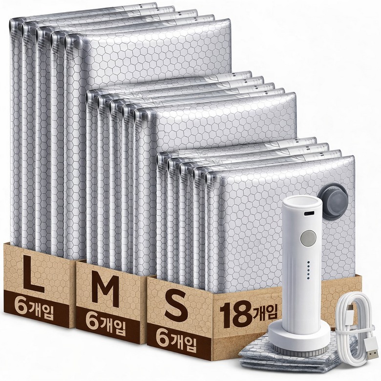 의류용 압축팩 수납/정리 압축팩 무선자동펌프 진공 압축팩 여행용 의류 패딩 이불 커버 압축 가방 세트, 1세트, 18개입 48,000원