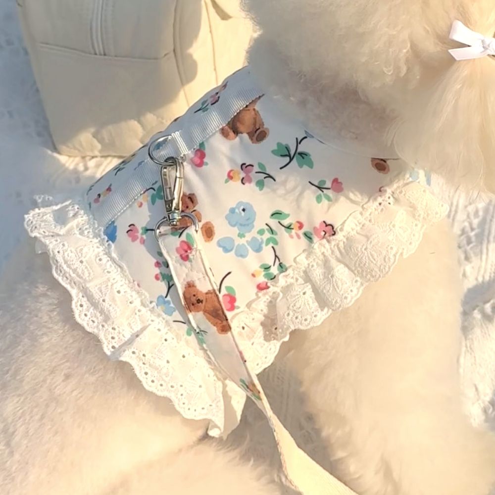 드루피 강아지 소형견 중형견 곰돌이 꽃무늬 하네스 밸크로 가슴리드줄 세트, 1개 20,120원