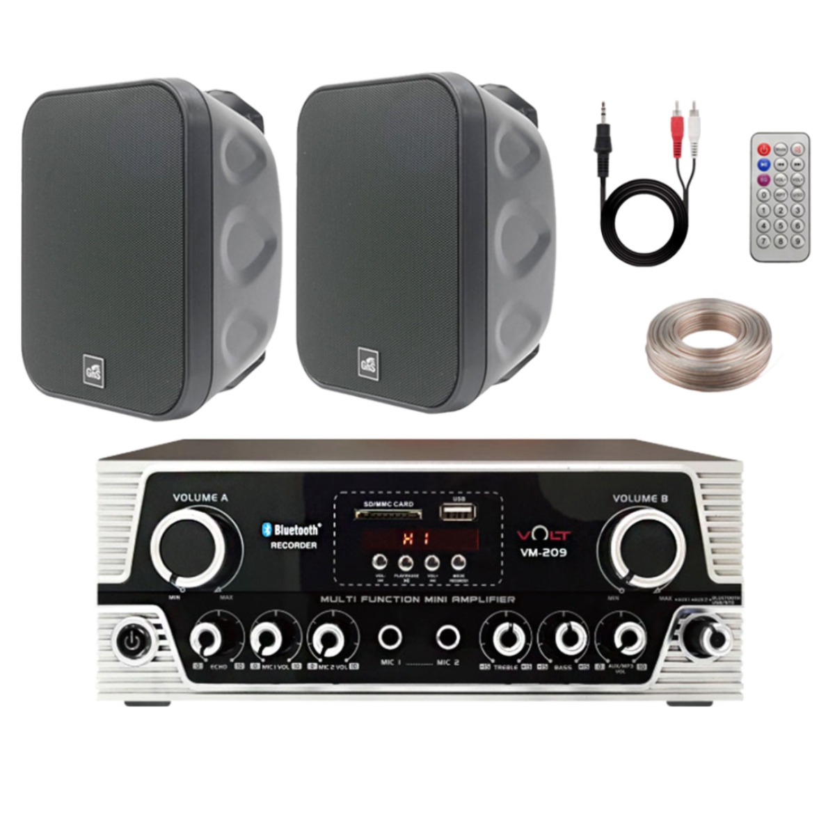블루투스 매장용 카페 매장 업소용 실내 실외 벽걸이 미니 앰프 스피커 세트, VM-209SM + 스피커 블랙(2개) 패키지 270,000원