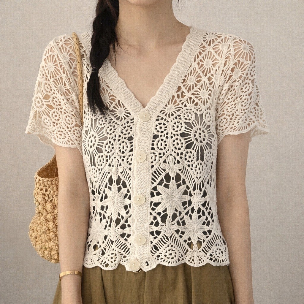 여름 크로셰가디건 브이넥 반팔 레이스 니트 레이어드 비치웨어 화이트 베이지 16,000원