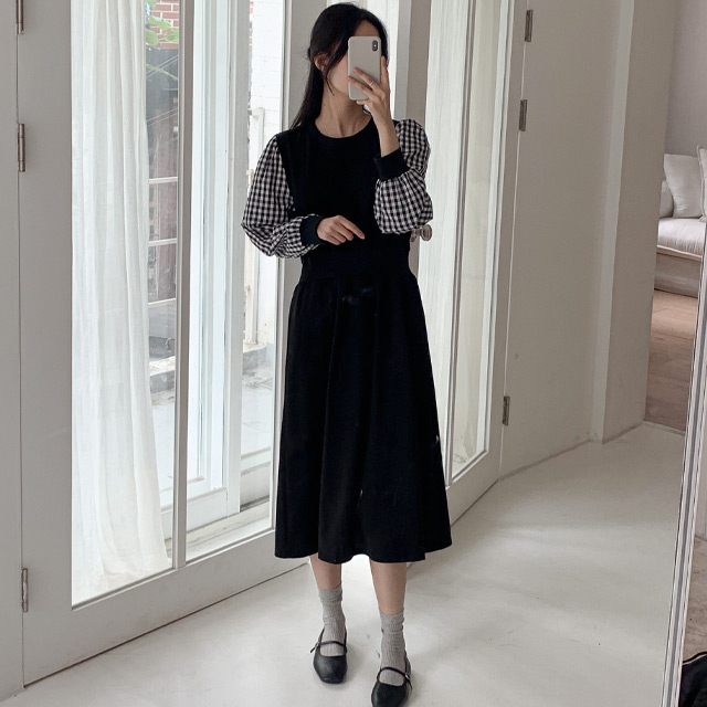 D116-8 노델루 빅사이즈여성의류 체크소매 봄가을 롱원피스 44-110 31,900원