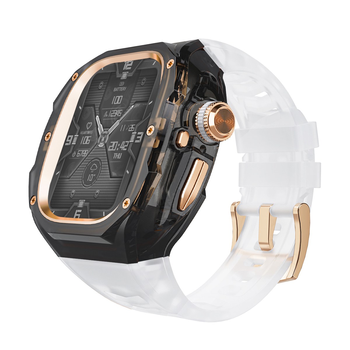 애플워치 울트라1/2/3 호환 일체형 풀커버 보호 케이스 티타늄 메탈 버클 실리콘 밴드 스트랩 세트 49mm, 투명 블랙 케이스 로즈골드 버클 67,900원