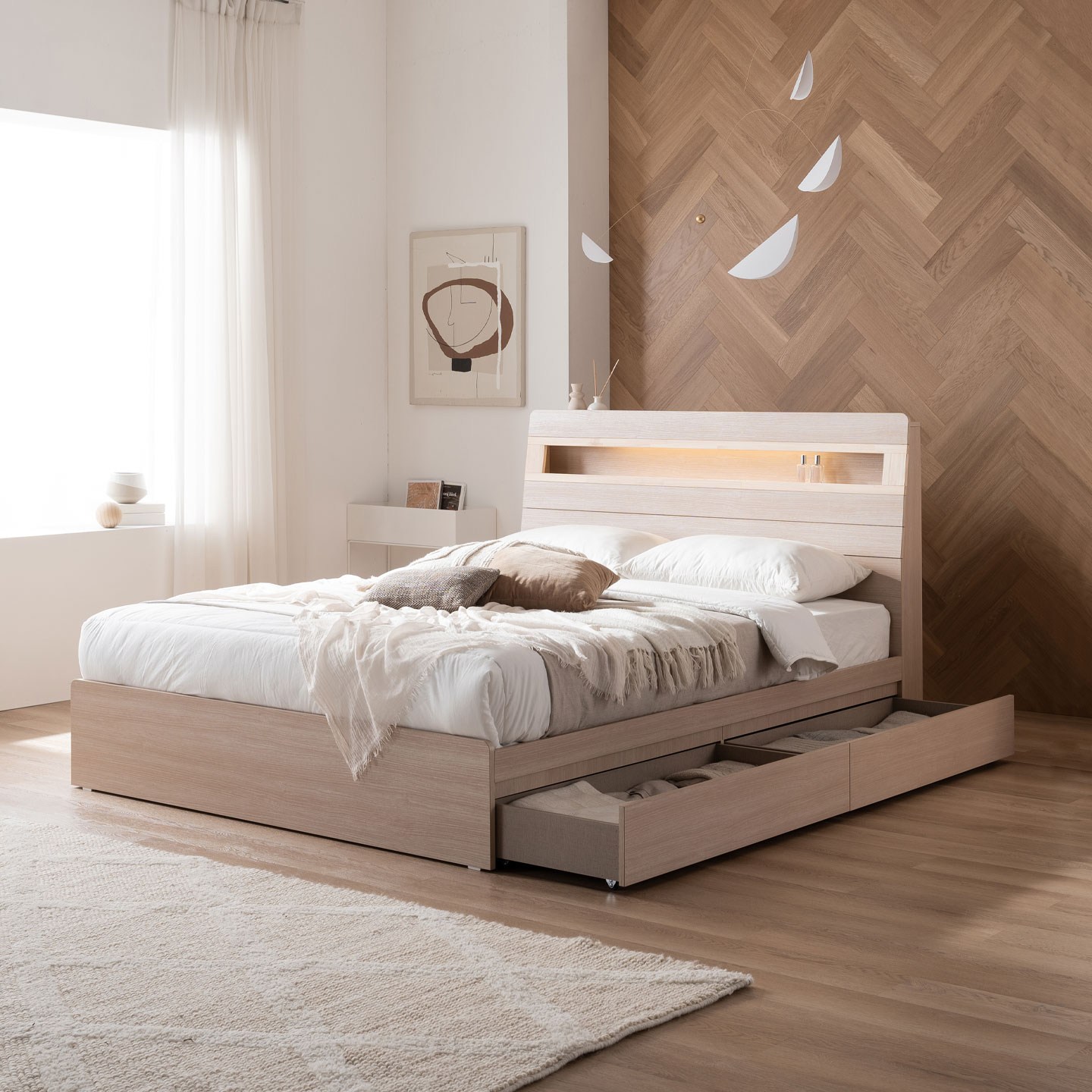 베드리움 슬립프렌드 LED 편백 서랍형 침대, 아이보리, 현재가 691,950원