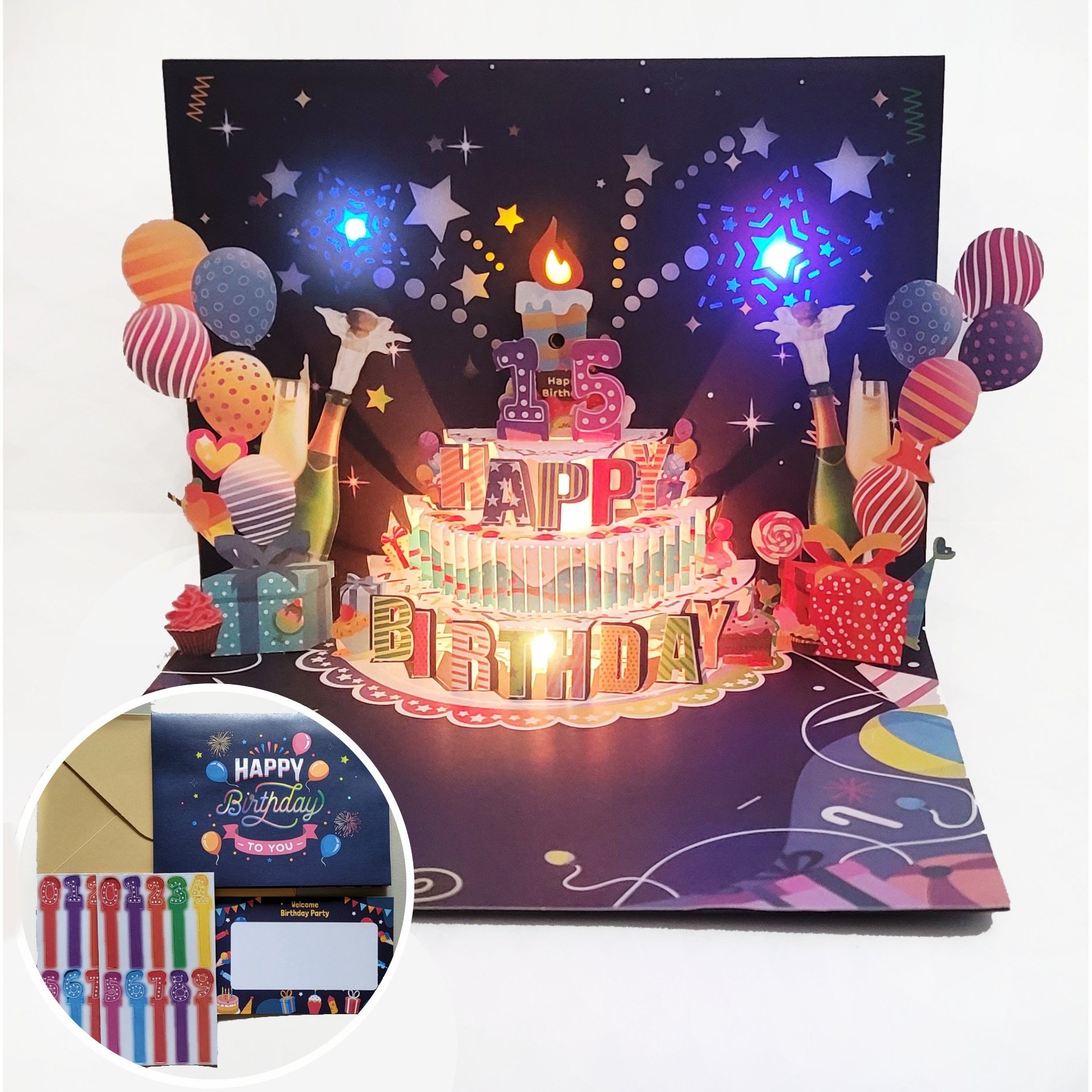 [나의셀렉] NEW 신상 LED 3D 멜로디와 초를 불면 꺼지고 폭죽 효과 해피벌스데이 팝업 멜로디 생일축하카드, 컬러믹스, 1개 14,980원