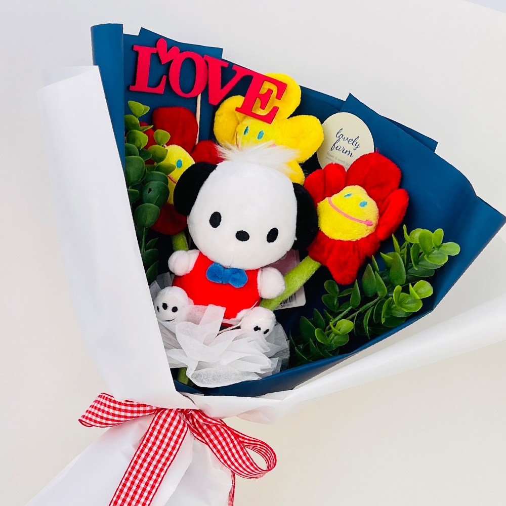 러블리팜 산리오 인형 + 스마일 꽃인형 3p + 케이크 토퍼 + 조화 꽃다발 세트 18,200원