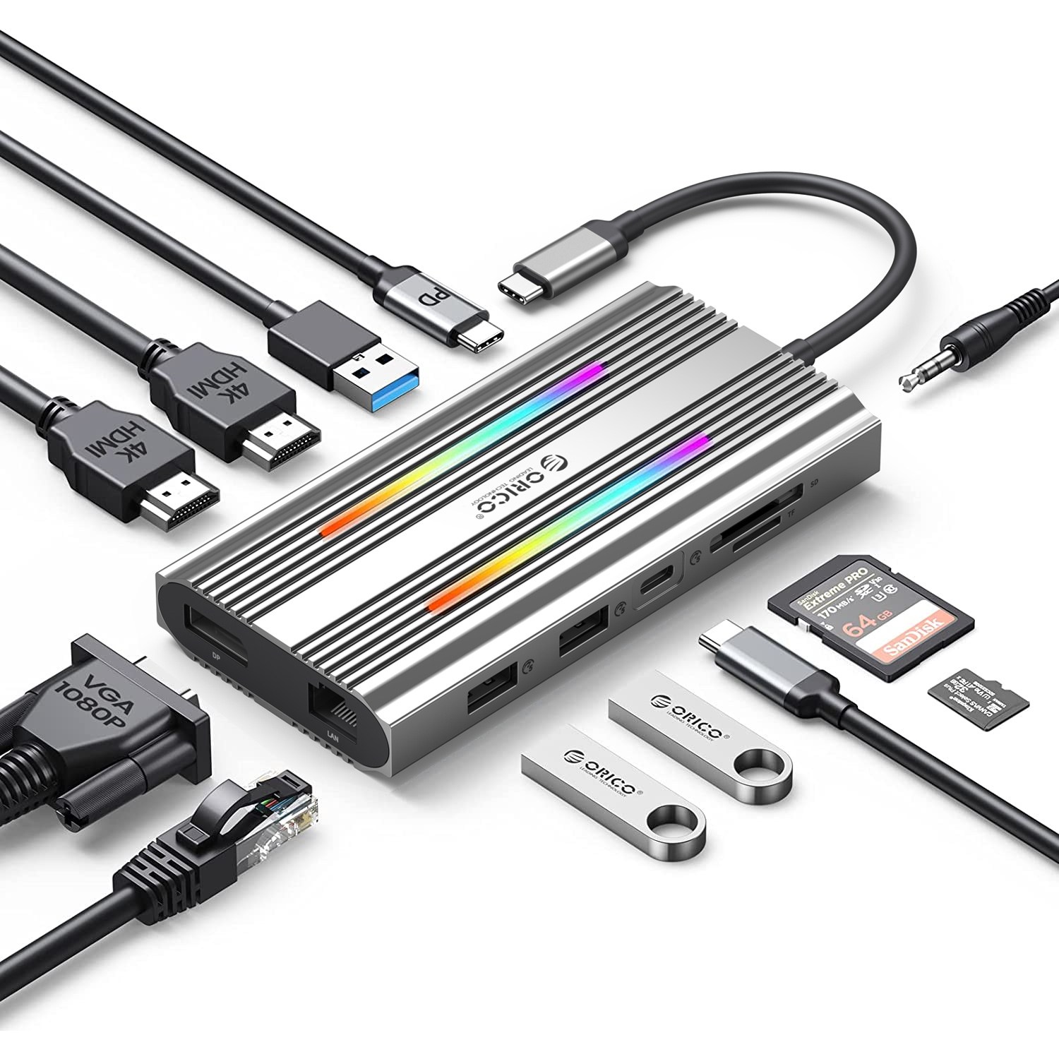 오리코 C타입 12in1 RGB LED Gamer PD100W 충전 HDMI 4K60Hz VGA 노트북 멀티허브 XDR-X1 80,900원