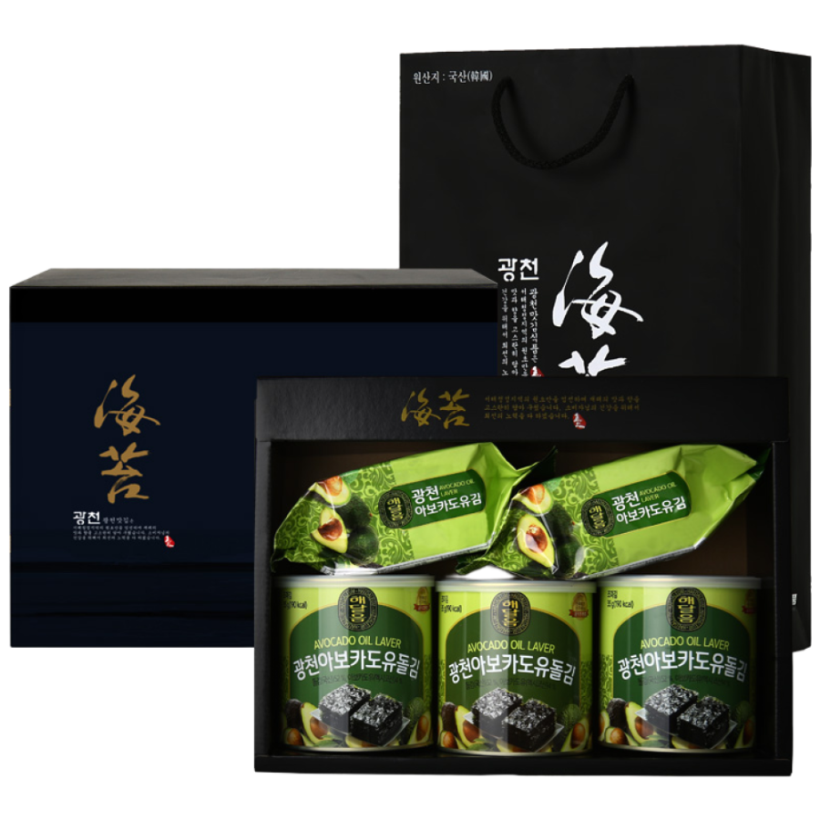 선물세트 광천 해달음 아보카도유 돌김 35g 캔김 3개 식탁김 13g 2개 고급쇼핑백포함, 12세트 220,000원