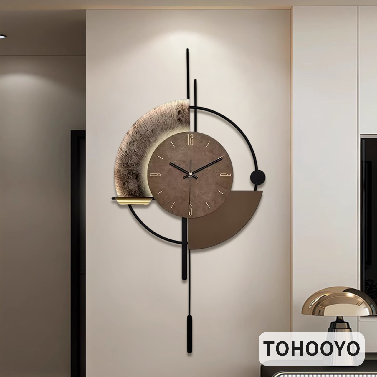 블랙 프레임 지오메트리 벽시계, 브라운 톤 텍스처 아트, 모던 인더스트리얼 미니멀 럭셔리 무소음 추 디자인 인테리어 소품 집들이선물, brown 49,180원