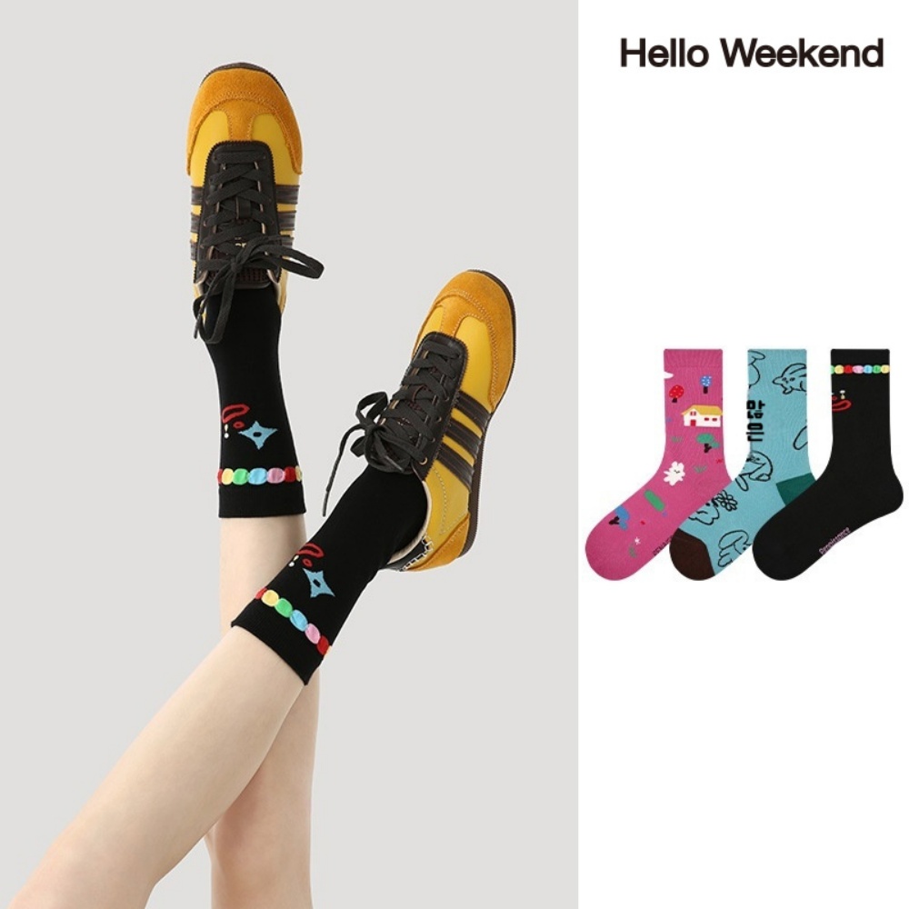 Hello Weekend 여성 귀여운봄여름 양말 중목 양말 장목 양말 중목 양말 운동 패션 순면 양말 3족 세트, 현재가 24,990원