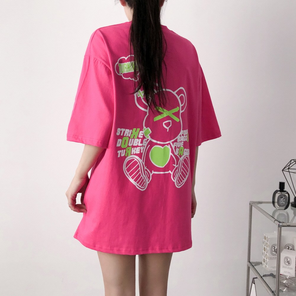 레이디스룸 국산 남녀공용 오버핏 곰돌이 프린팅 빅사이즈 박스 반팔 티셔츠 16,110원