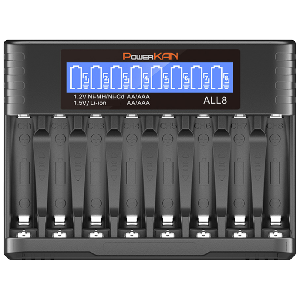 POWERKAN AA/AAA 건전지 8구충전기 1.5V 리튬이온 1.2V니켈수소 ALL8 건전지 충전 AA AAA USB-C 과충전방지 LCD표시 파워칸 배터리 충전기, 1개 25,890원