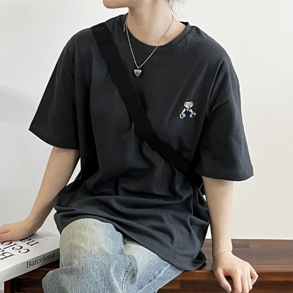 여성 오버핏 순 면 여름 테디베어 반팔 티셔츠 차콜 23,080원