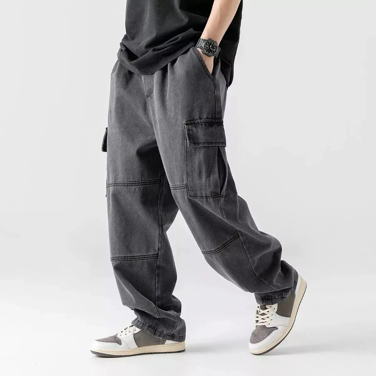 화만 남성용 청바지 복고 와이드 구식 카고 팬츠 23,880원