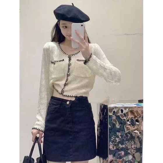 고급스럽고 시크한 데이트룩 가을 배색스티치 니트 가디간 37,000원