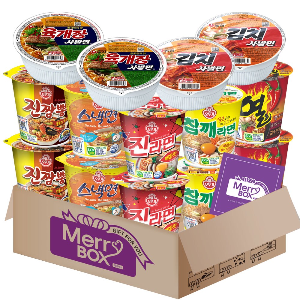 [메리박스] 소컵라면 세트12호 {진라면매운맛+열라면+진짬뽕+스낵면+참깨라면+육개장사발면+김치사발면} 각2개씩+메세지카드, 1박스 17,900원