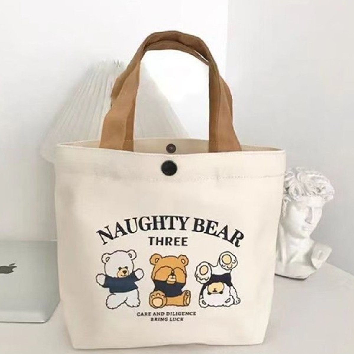 리니데이 여성 곰돌이 캐릭터 데일리 캔버스 토트 에코백 9,800원