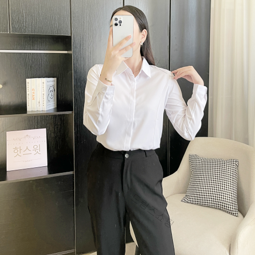 핫스윗 히든버튼 화이트 셔츠 가슴벌어짐 방지 긴팔 블라우스(귀걸이+헤어밴드 포함) 16,500원