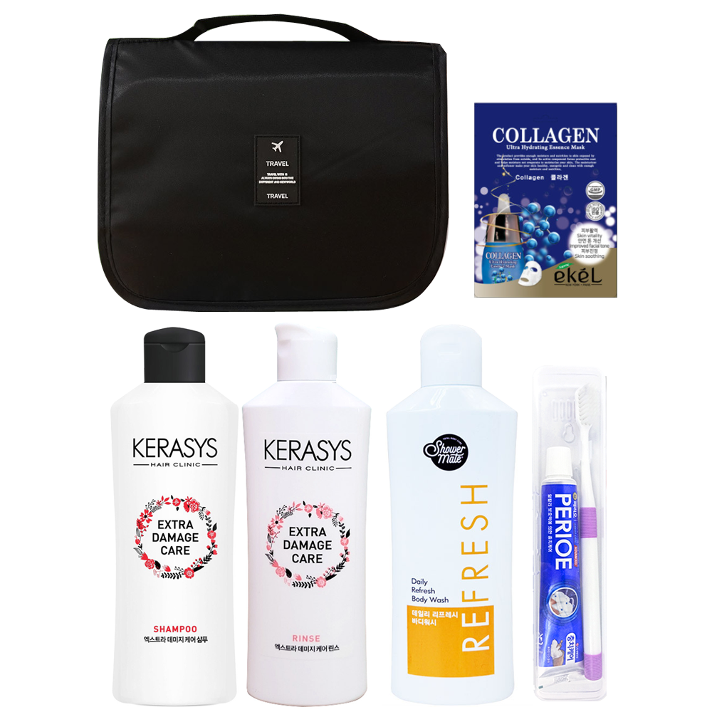 올인원 여행용 6종 세면도구세트 블랙색상 (케라시스 샴푸+린스+바디워시+치약,칫솔+마스크팩+파우치) 14,900원