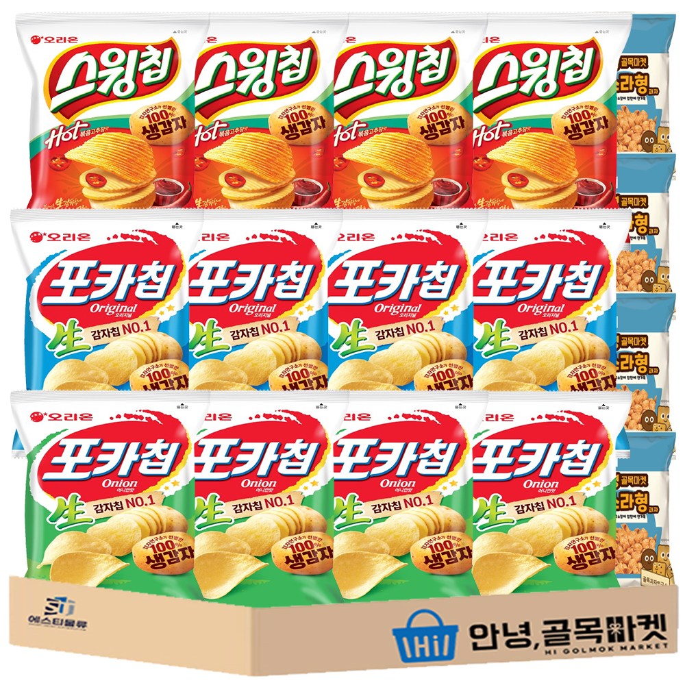 인기 혼합 감자 과자 소형 16입 세트 ( 오리온 포카칩 오리지널 / 어니언 + 스윙칩 + 안녕 소라과자 ) 미니 스낵 2호, 16개, 봉지과자 15,980원
