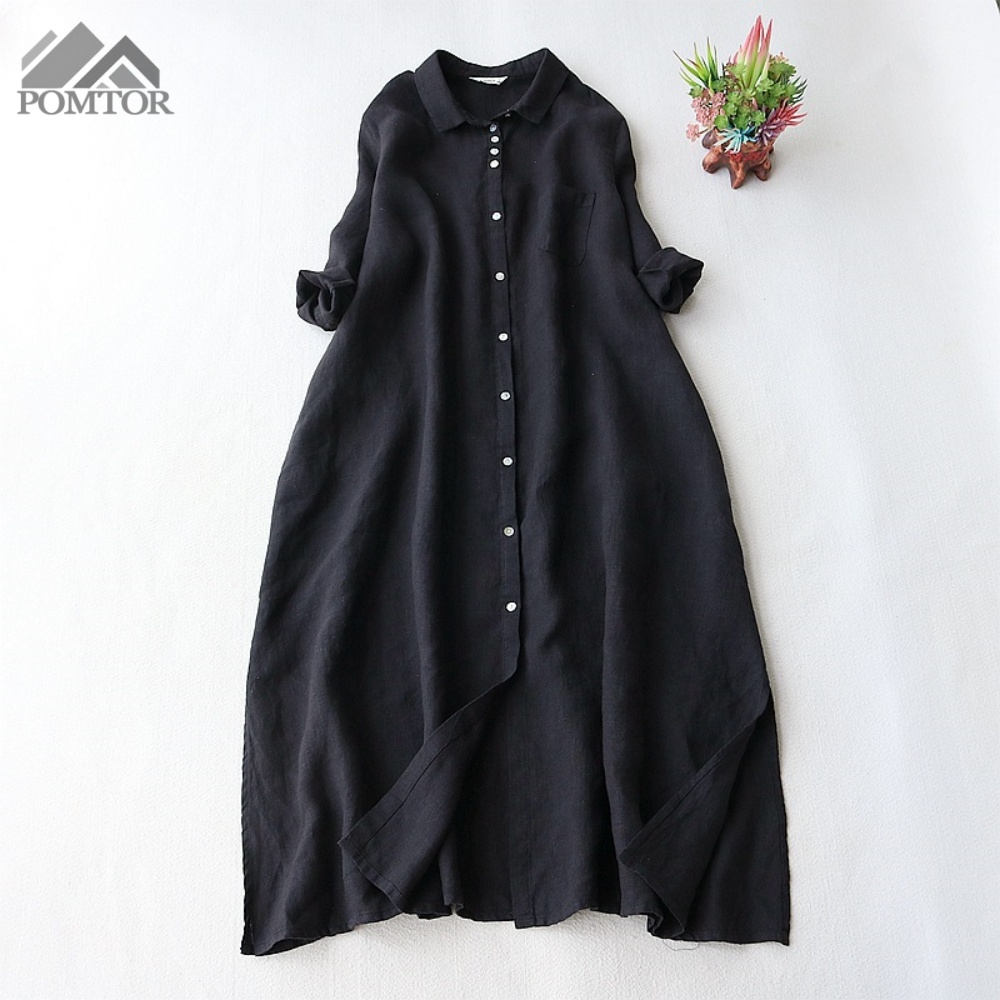 POMTOR 여성 루즈핏 커즈롱 린넨 긴팔 셔츠 원피스 33,390원