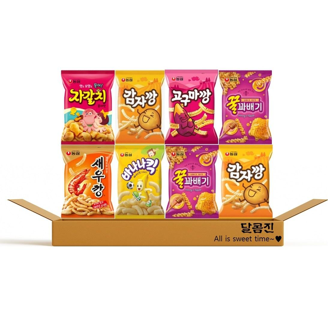[달콤진] 농심 자갈치 + 감자깡 + 고구마깡 + 꿀꽈배기 + 새우깡 + 바나나킥 + 꿀꽈배기 + 감자깡 스낵 번들 혼합 세트, 1세트 10,880원