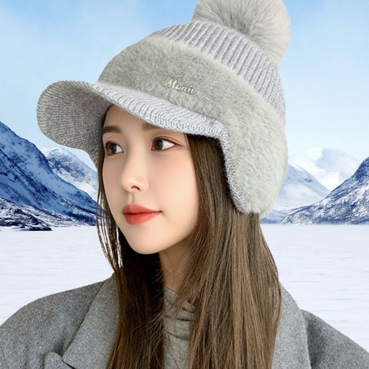 모니브 여성 겨울 골프모자 귀달이 토끼털 방한 니트, 그레이, 1개 19,100원