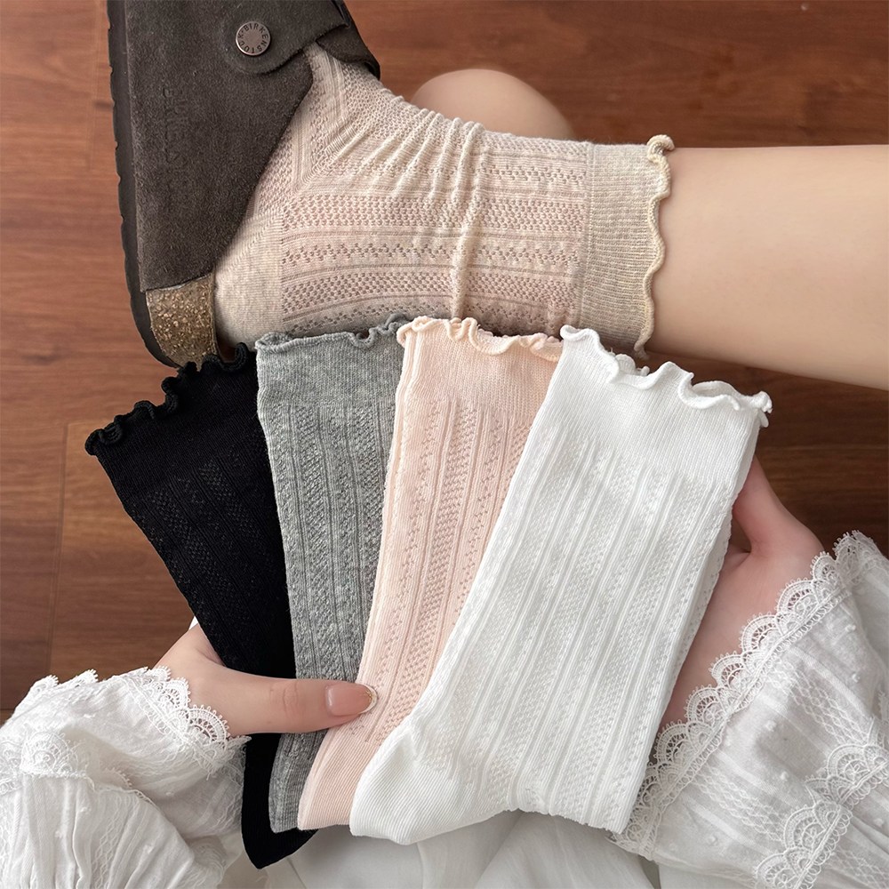 Amnesia cat 여성용 레이스 양말 봄여름용 플로럴 자수 중목양말 무압박 흰색 면양말 학생용 패션 양말 5족 세트 10,550원