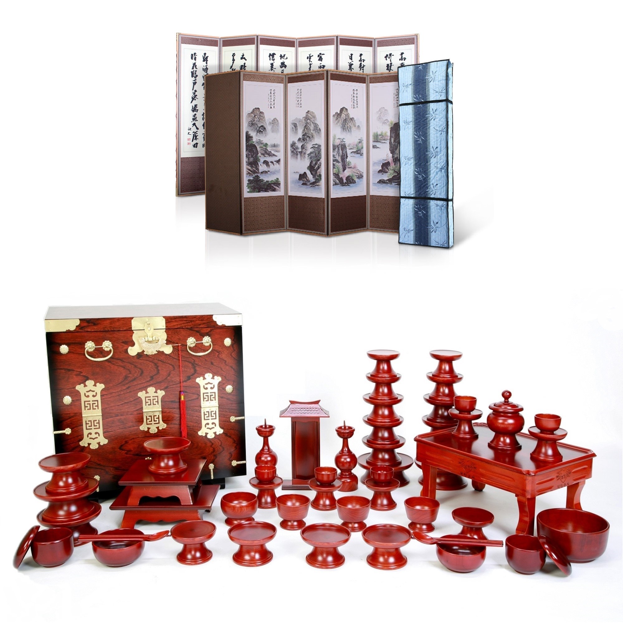 남원목기공예 문화재 물푸레 제기 55p+제기함+추사 산수화 6폭병풍(3중누빔커버), 물푸레 제기 55p+제기함+6폭병풍(3중누빔커버), 1개 758,000원