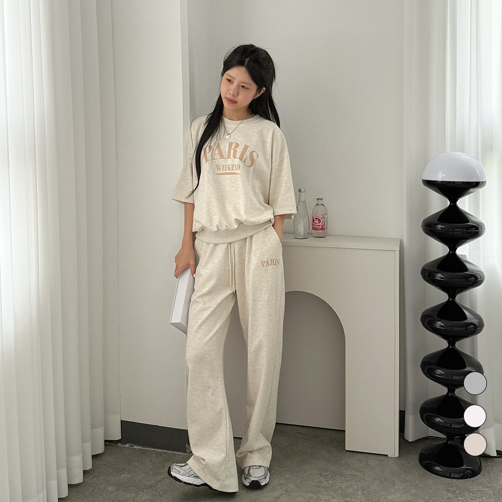 디테일웨어 여성 파리스 반팔 긴바지 트레이닝세트 캐주얼 와이드 밴딩팬츠 빅사이즈 임부복 홈웨어 간절기 운동복 츄리닝 37,800원