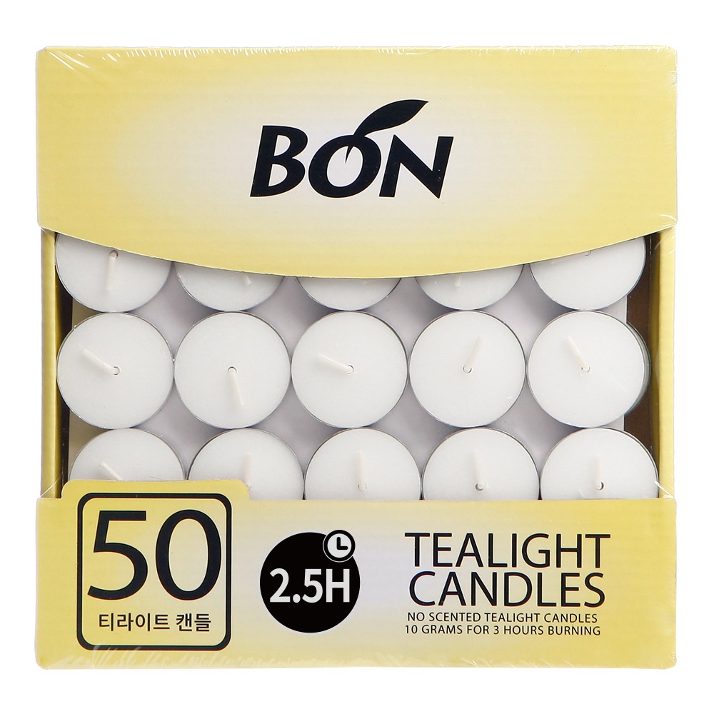 티라이트 50개 2.5시간연소 BON Candle 무향 하양(흰색) 양초, 무향, 500g, 1개 6,300원