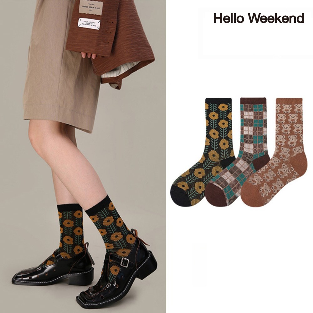 Hello Weekend 여성 양말 복고 겨울 양말 중목 양말 장목 양말 배색 중목 양말 두꺼운 통기성 보온 수면 양말 수면 패션 면 양말 방한용품 3족 세트 24,990원
