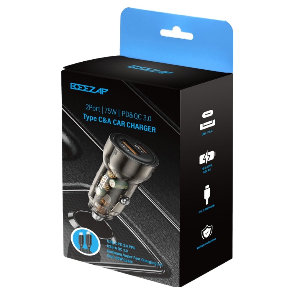 비잽 차량용 충전기 75W 초고속 케이블 포함 PD3.0 PPS 2포트 QC4.0 시거잭 2구, 투명, BZD75 14,000원