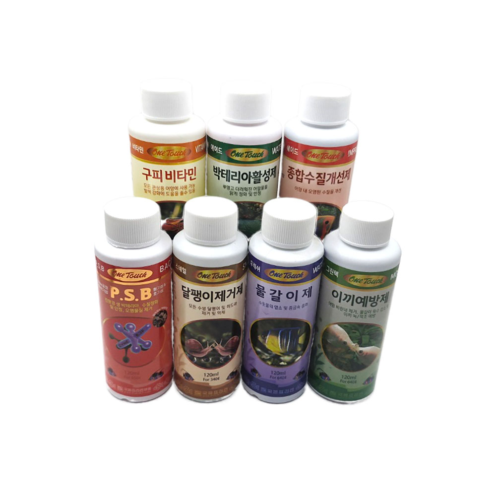 국제프리츠 수질개선제 물갈이제 7종 종합 세트 물갈이제 박테리아제 종합수질개선제 구피비타민 이끼스탑 달팽이제거제 PSB, 1개 19,850원