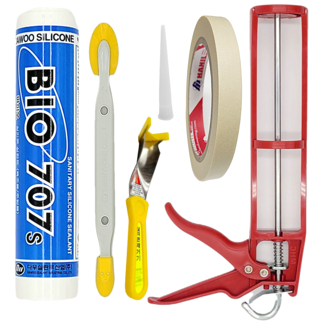 욕실용 바이오 실리콘 보수 세트(실리콘 백색+건+양날헤라+테이프+제거기) 총 6종, 1세트 16,500원