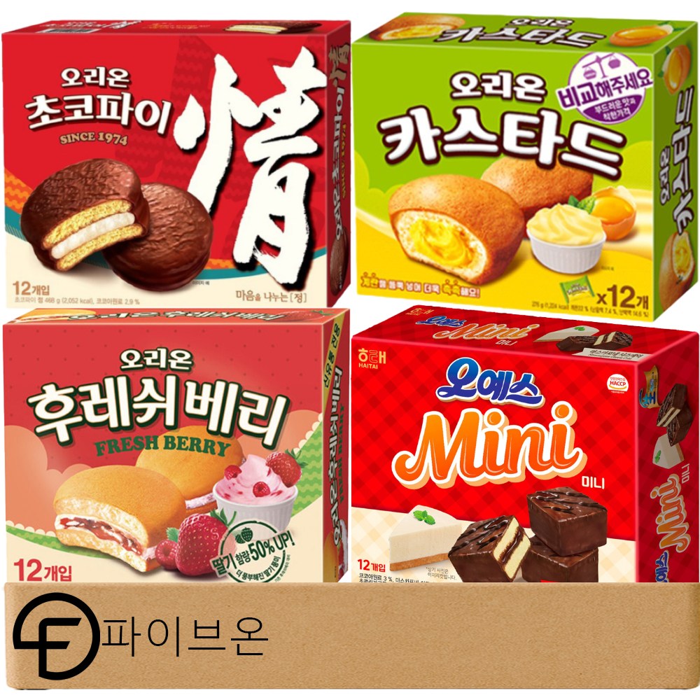 [파이브온] 파이 과자 세트 4종류 No.2 - 초코파이, 카스타드, 후레쉬파이, 오예스미니 31,900원