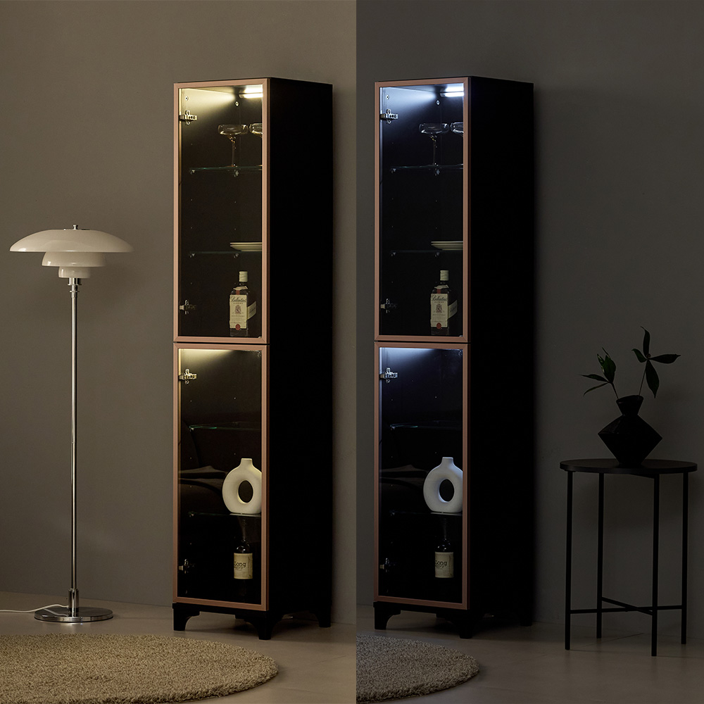 앤탑퍼니처 로즈골드 알미늄 장식장 1900 시리즈 6단 강화유리문 알루미늄프레임 주광색 전구색 듀얼조명 리모컨 양주장 진열장 위스키 수납장, 400-도어형(블랙) 299,900원