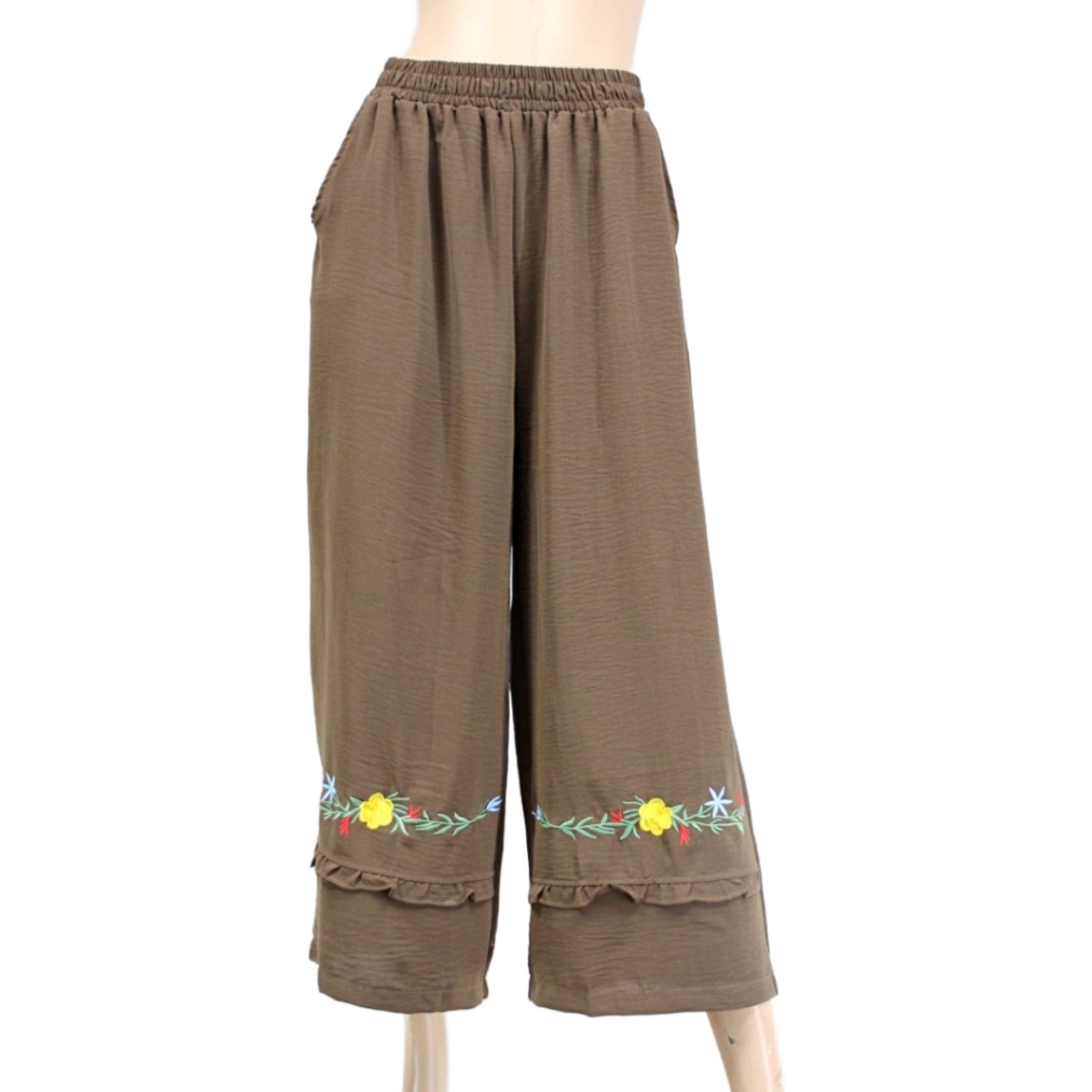 여성 면혼방 밑단 자수 밴딩 와이드 통바지 원마일웨어 봄가을 잠옷 18,800원