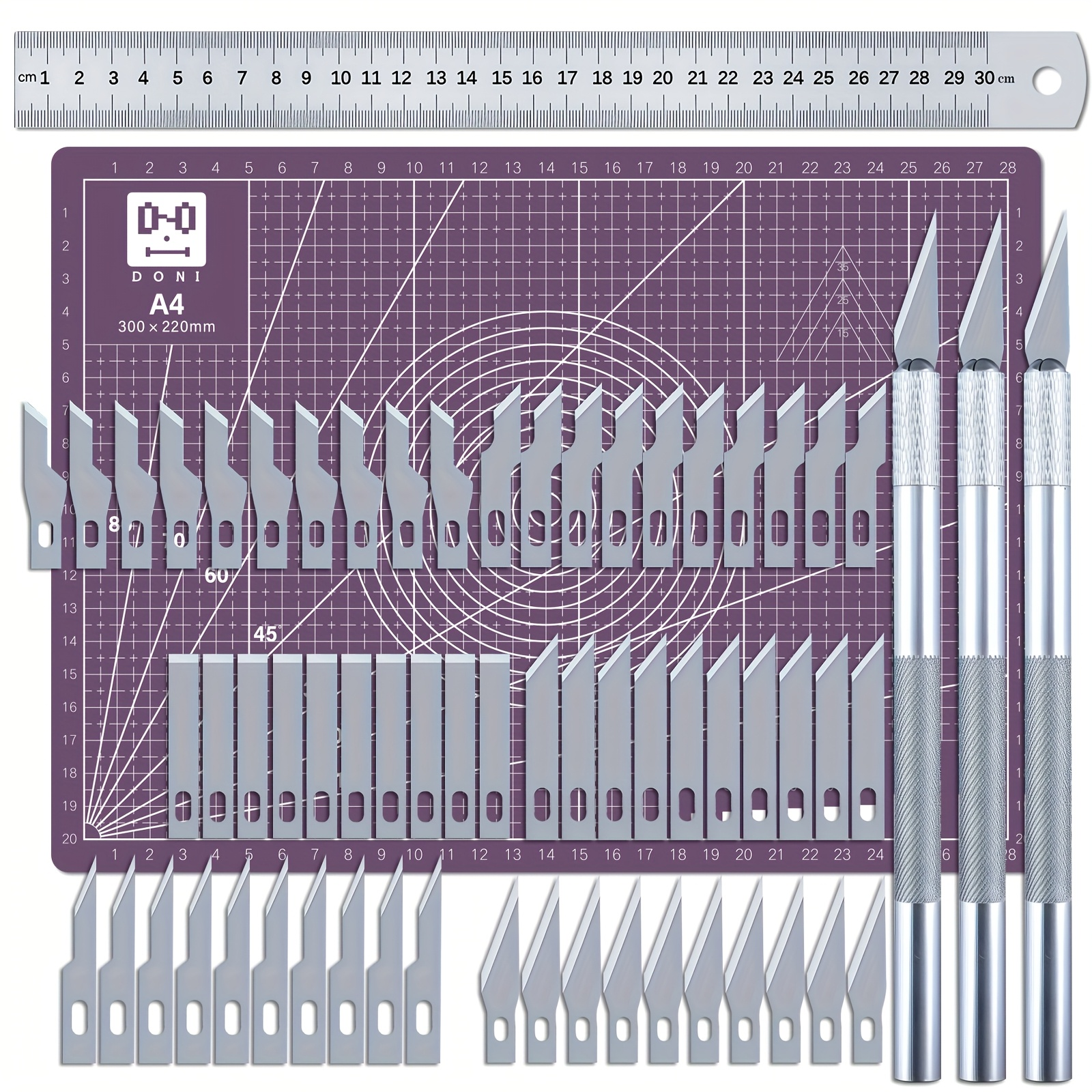 65PCS/세트 공예 커팅 템플릿 나이프 세트 및 A4 커팅 매트 세트 아트 앤 크래프트 블레이드 정밀 커팅 규칙 종이 모델 툴, 퍼플 20,000원