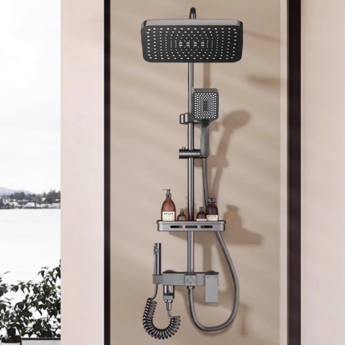 샤워 세트, 사각 해바라기 샤워기, 다기능 수도꼭지, 수납대 포함, 회색, 1세트 84,460원