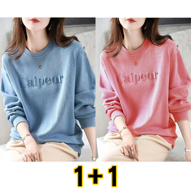 1+1 여성 긴팔 맨투맨 봄가을 빅사이즈 이너 상의 패션 자수 라운드넥 티셔츠 루즈핏 캐주얼 여자 긴팔티 LJX 21,000원