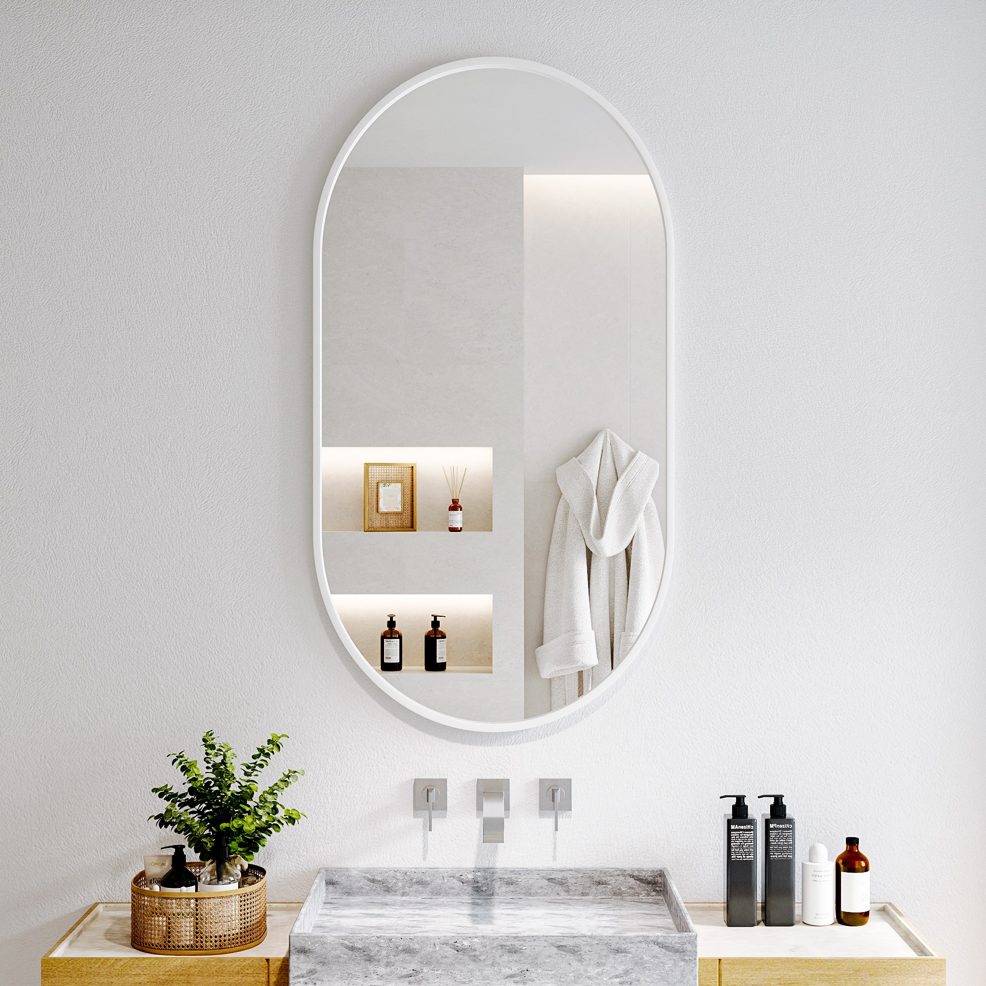 뷰티피크 타원형 벽거울 화장대거울 욕실거울 강화안전유리, 화이트43cm 59,900원