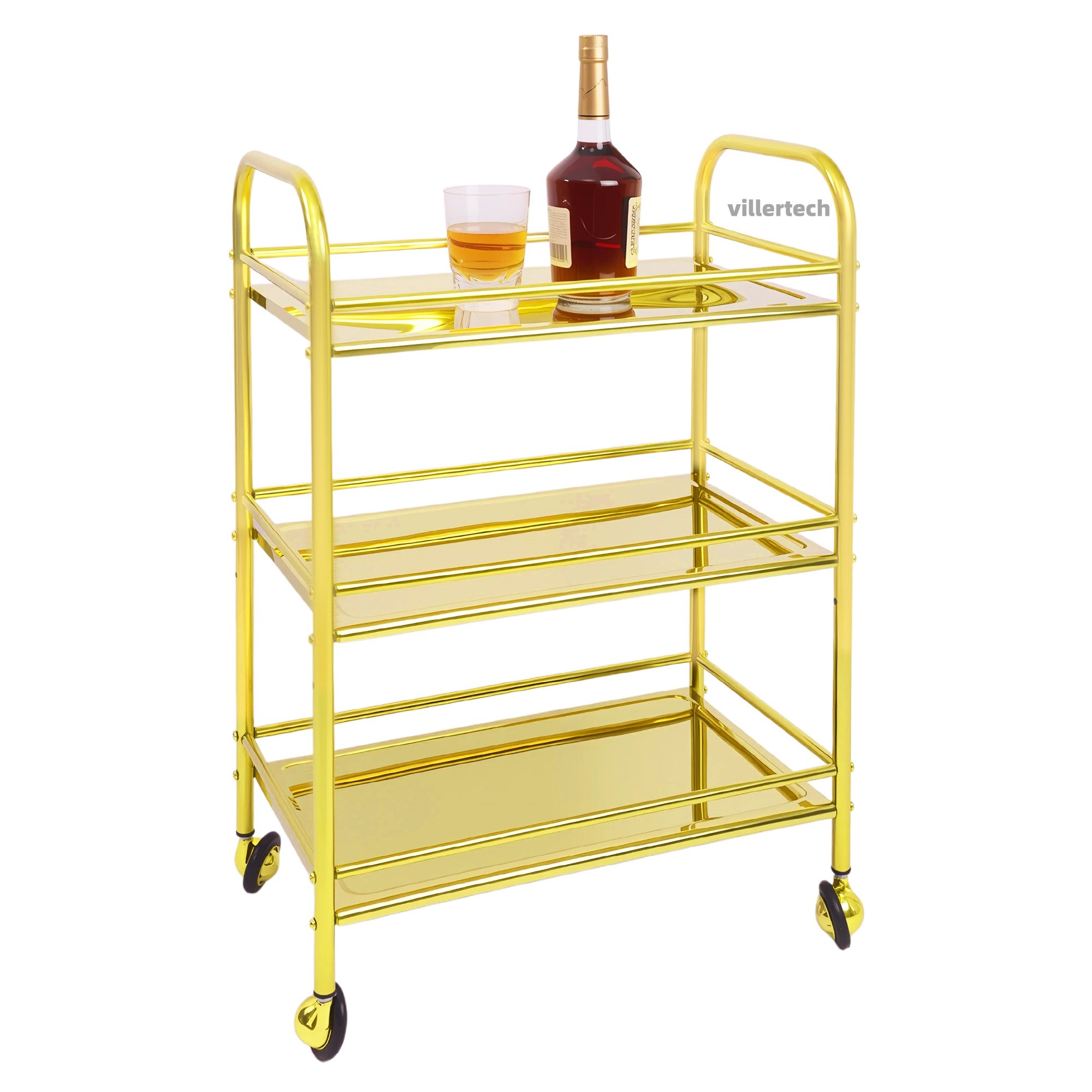골드 스테인리스강 3단 이동식 멀티 카트 4면 안전가드 - 홈파티 바카트 주방 수납선반 거실 사이드 테이, 3단, 골드 색상 99,990원