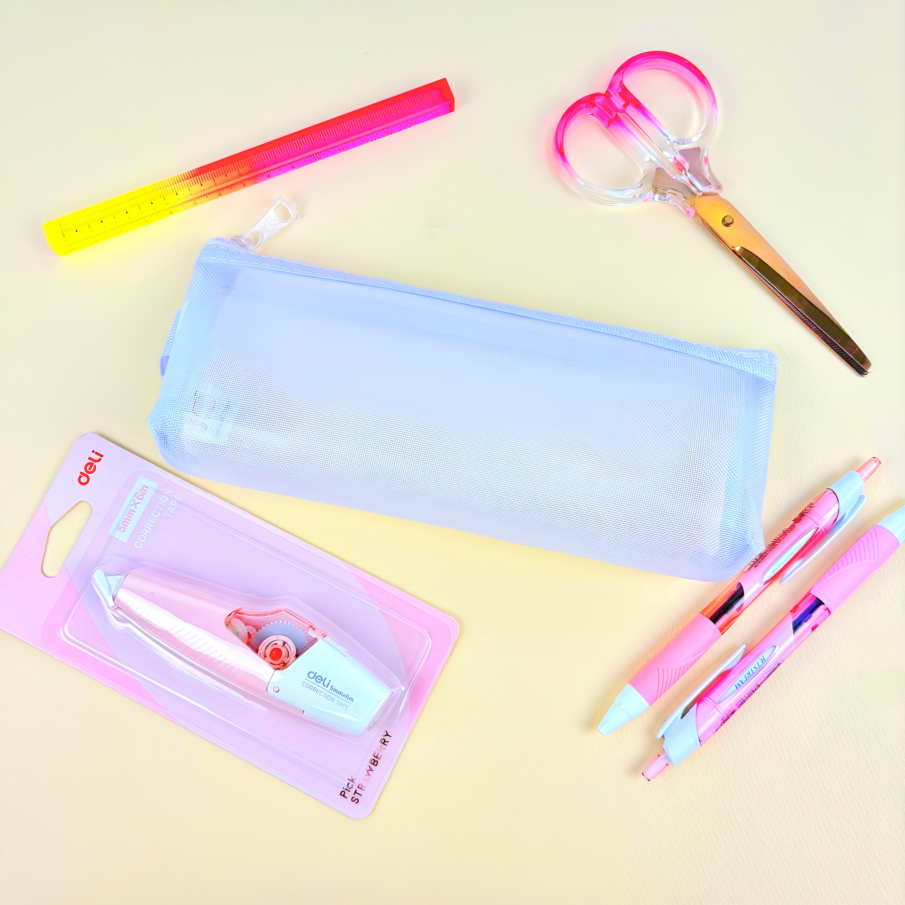 라운드월 파스텔 문구 세트 볼펜 수정테이프 가위 자 필통 올인원 학용품 세트, 1세트 11,500원