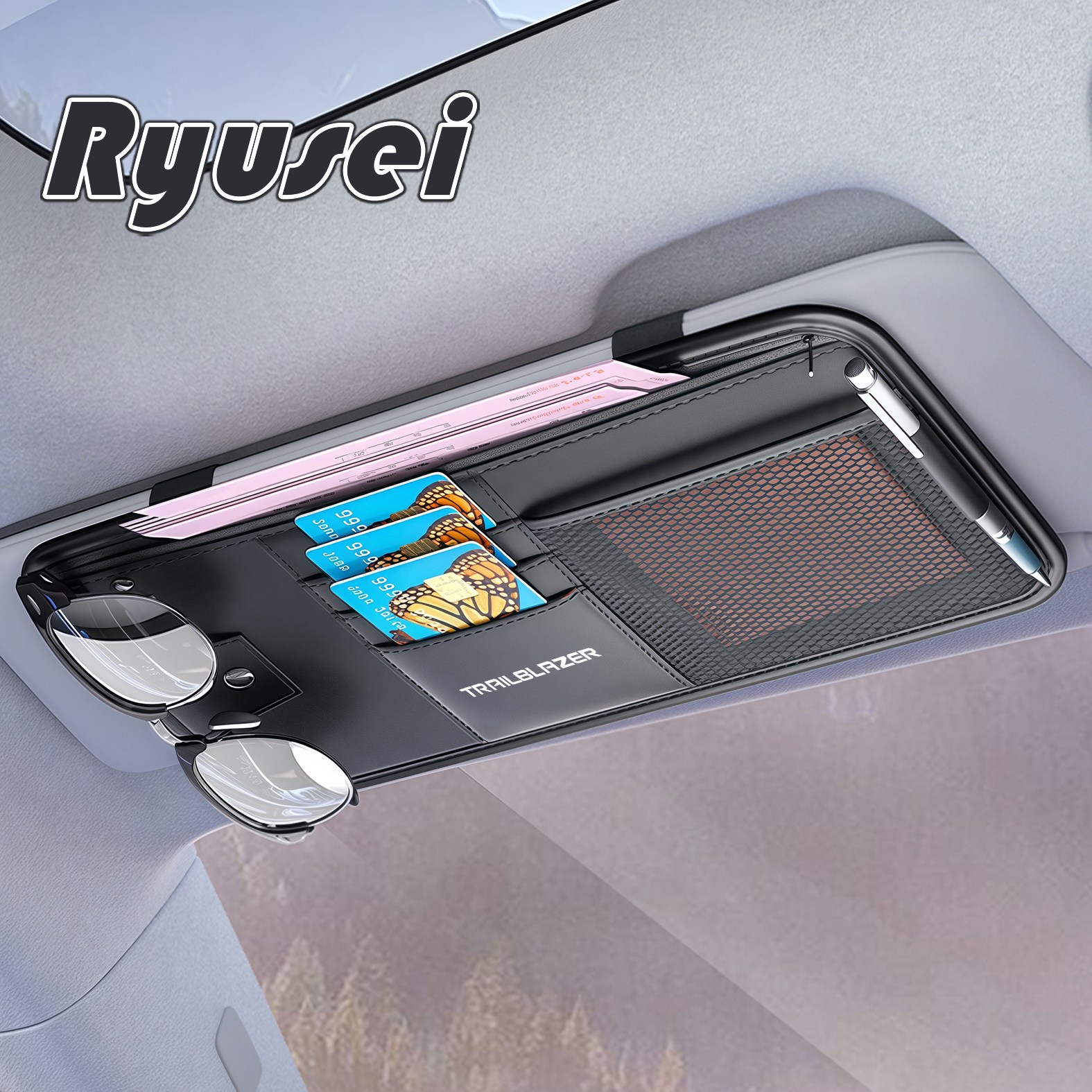 Ryusei 차량용 썬바이저 수납포켓 쉐보레 호환 선글라스 거치대 자동차 가죽 선바이저 카드홀더 다용도 멀티수납 스파크 트레일블레이저 각인 R096 16,900원