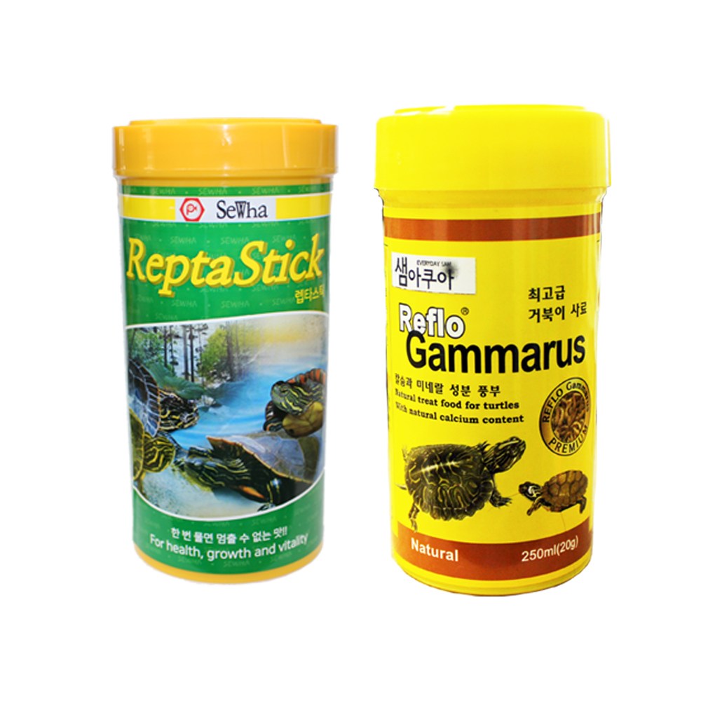 sewha 렙타스틱 거북이사료 250ml + 샘아쿠아 리플로 감마루스 거북이 사료 250ml 세트 14,000원