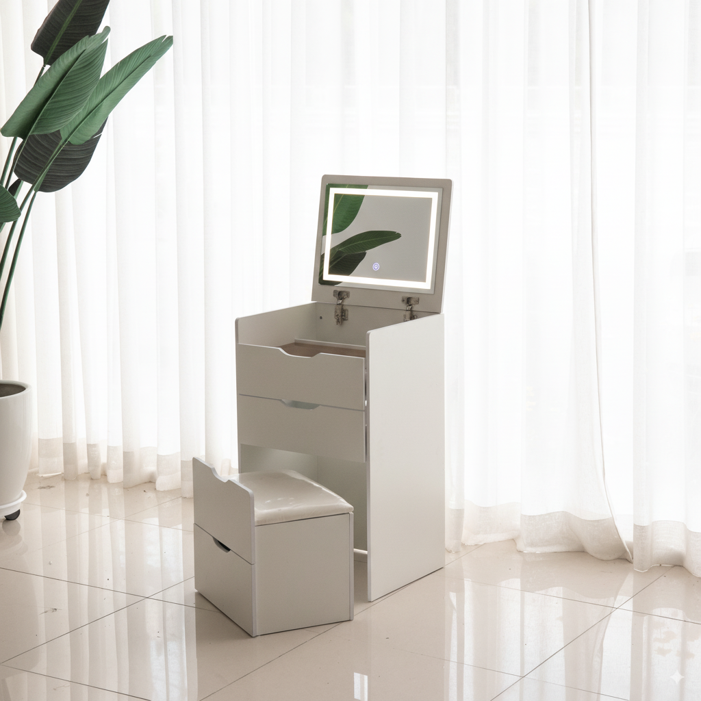 에스엘가구 화장대세트의자포함 미니 화장대 수납장, 화이트 48+LED 135,000원