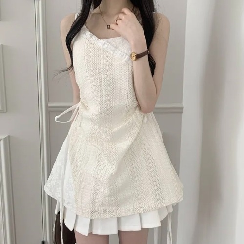 봄 여름 올매치 드로스트링 레이스 서스펜더 블라우스 레이어드 스커트 바텀 숏 스커트 31,000원