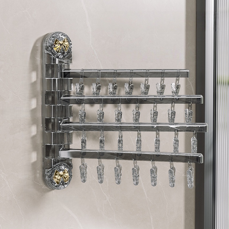 흡착식 접이식 옷걸이 180도 회전 빨래걸이 양말 속옷 거치대 다용도 수납, 반투명 그레이 4단 + 골드 리본 2개 32,480원