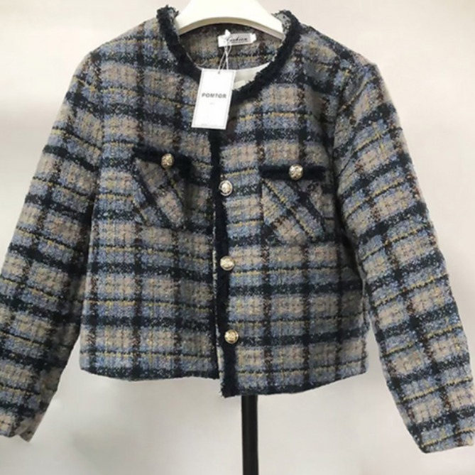 POMTOR 가을겨울 여성 루즈핏 배색 체크 도톰 트위드자켓 데일리 자켓 가디건 37,900원